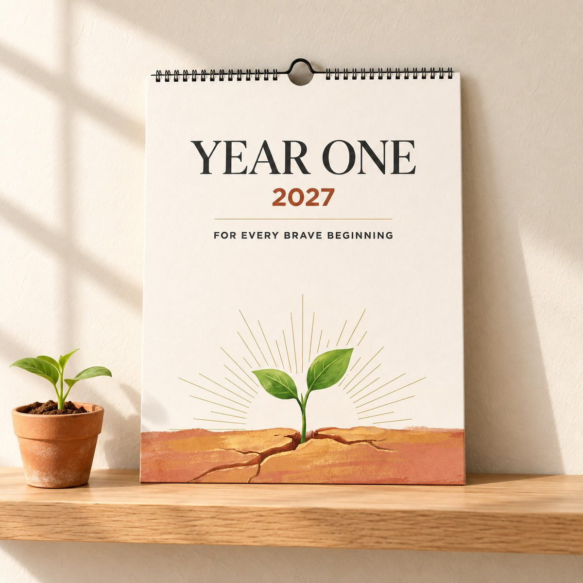 Year One 2027 wall calendar with a green seedling growing from cracked earth on the cover, standing on a light oak shelf beside a small potted seedling