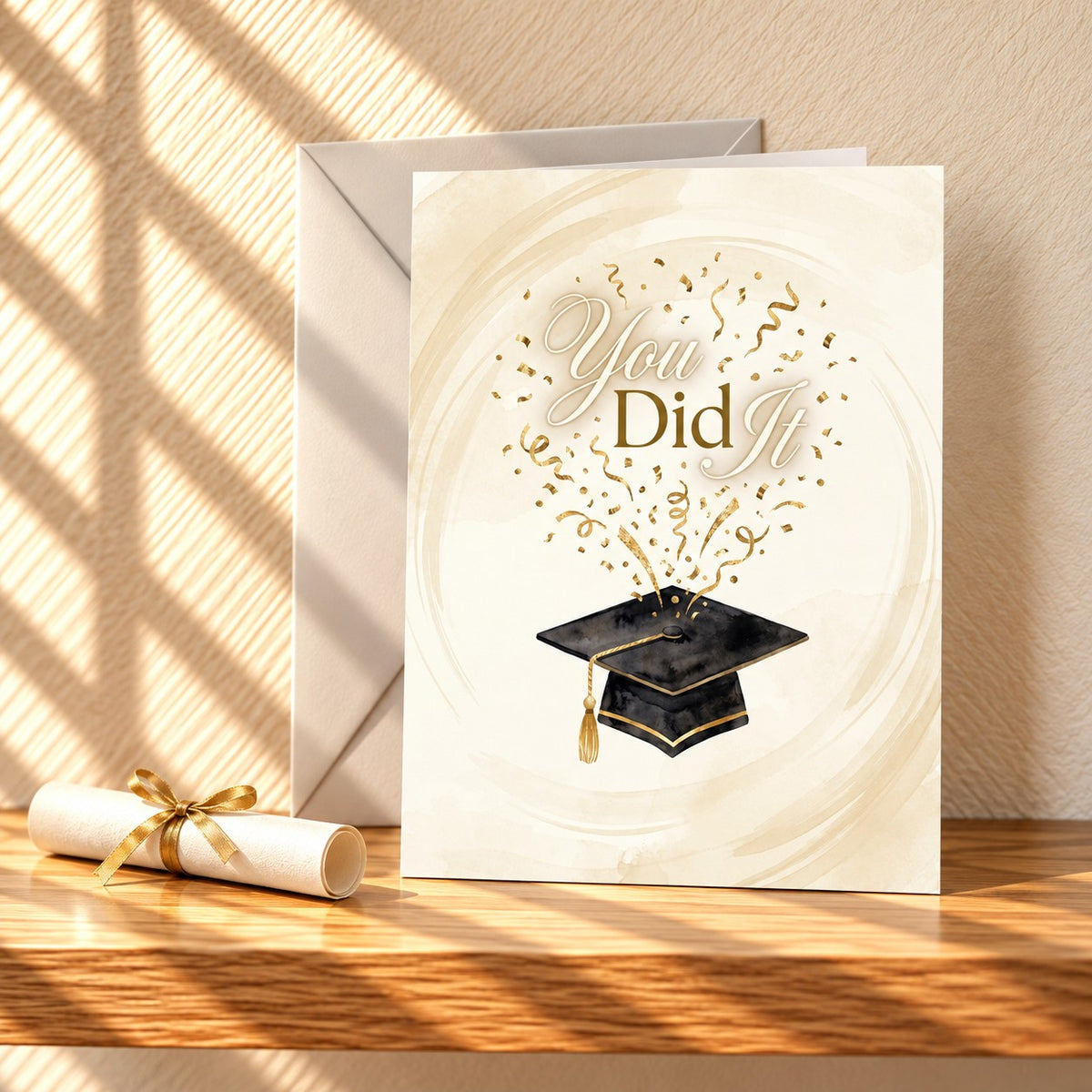 You Did It graduation card with a black cap and a burst of gold confetti, standing on a light oak shelf beside a rolled diploma