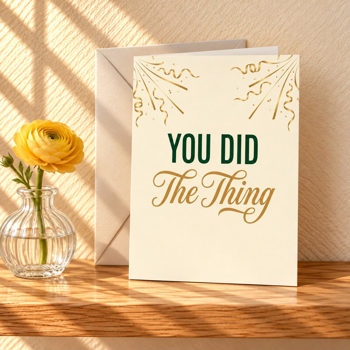 You Did The Thing congratulations card in cream with gold confetti and streamers, standing on a light oak shelf beside a yellow ranunculus